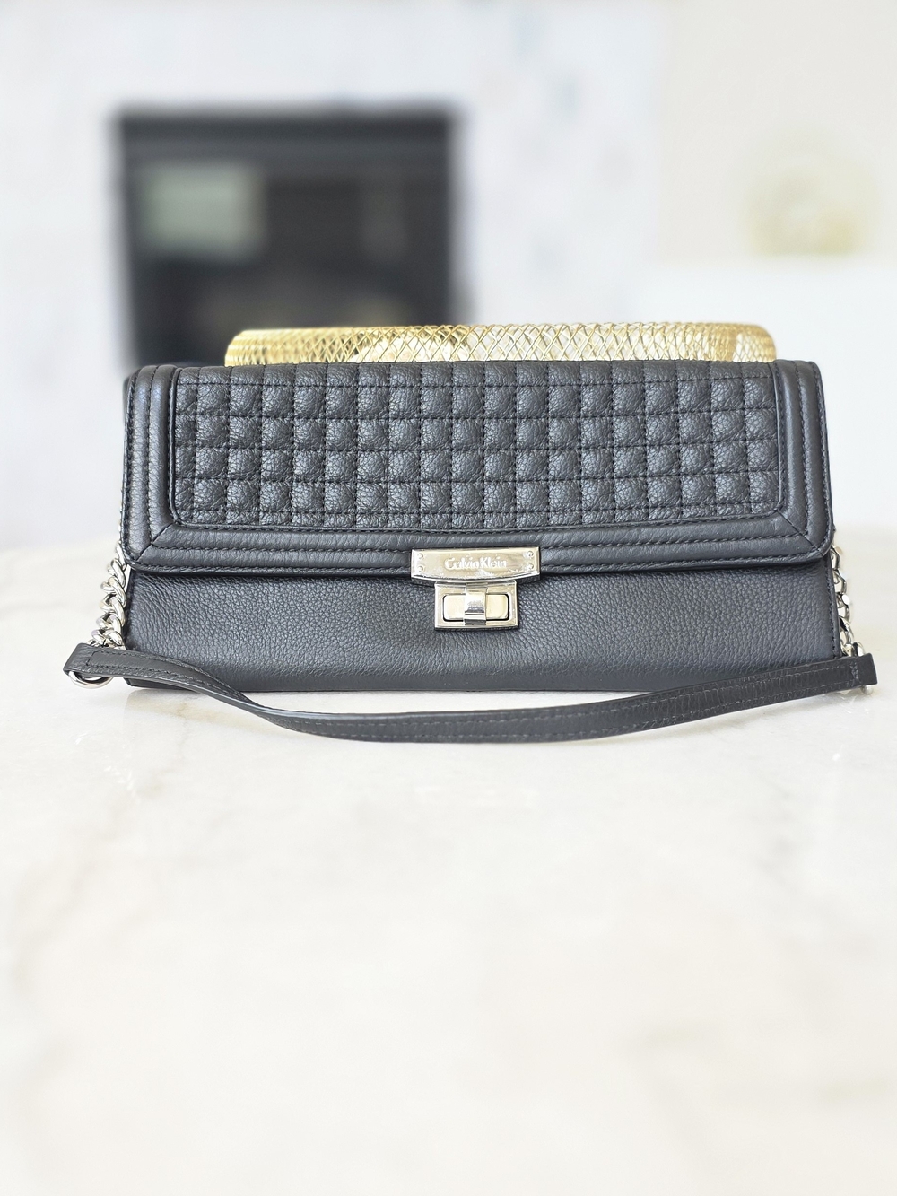 Calvin Klein Black Quilted Flap Shoulder Bag Chain Strap Silver Hardware